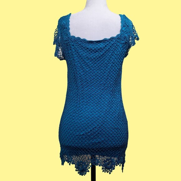 Y2K Crochet Top 3D Flowers Turquoise Blue Size M Boho Fairy - Picture 8 of 9